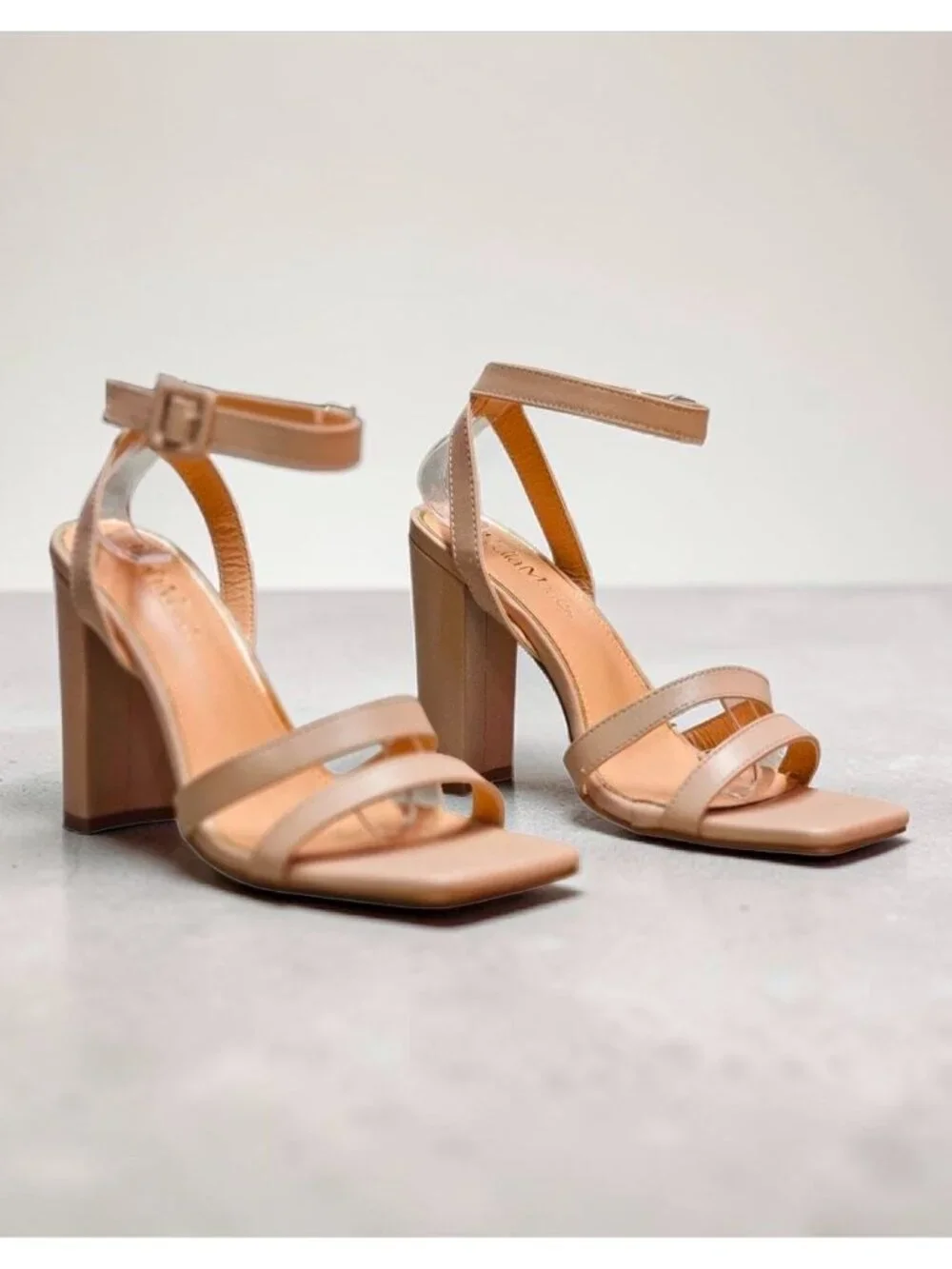 Strappy Nude Block Heel Sandals With Adjustable Ankle Strap - Elegant Design For